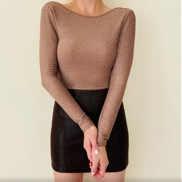 Shein METALLIC bronze STRETCH BODYSUIT open back BLOUSE SHIRT - Picture 6 of 15